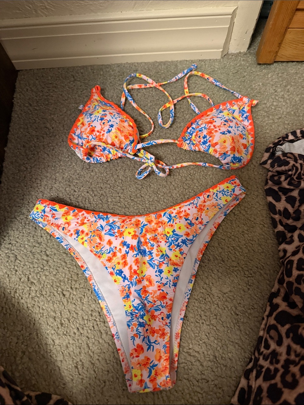 Women Floral Tie-Back Bikini Set - Bright Orange & Blue